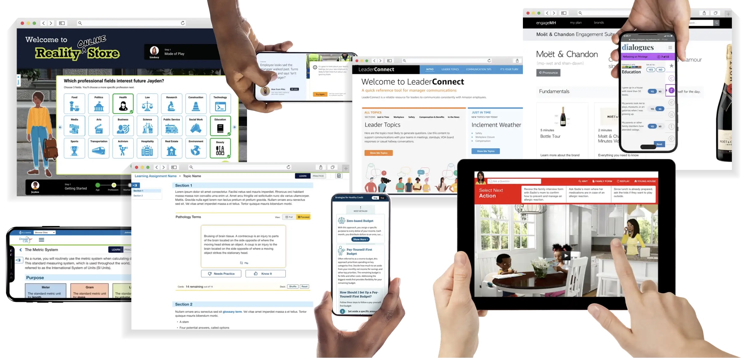 A collage of Sealworks Interactive Studios work — learning platforms, mobile apps, web tools, and interactive experiences shown across desktop, tablet, and mobile devices.